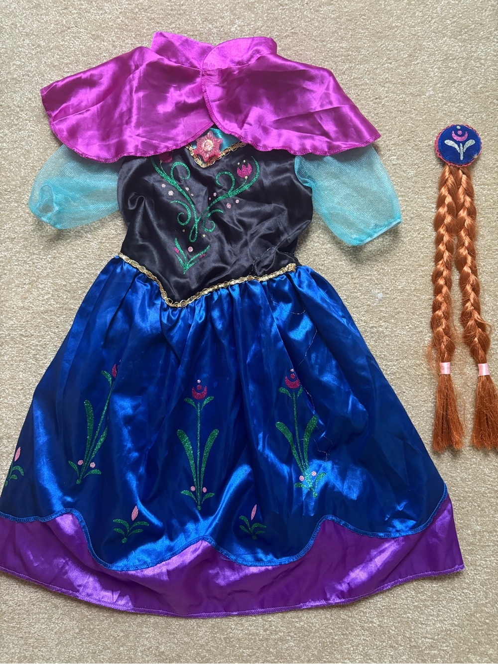 DISNEY Frozen Anna Princess Halloween Dress with Braided Hair Accessory Size 4-6